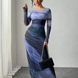 Torina - Udobna Printed Duga Rukava Bodycon Maxi Haljina