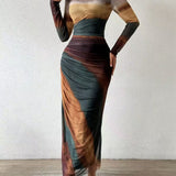 Torina - Udobna Printed Duga Rukava Bodycon Maxi Haljina