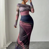 Torina - Udobna Printed Duga Rukava Bodycon Maxi Haljina