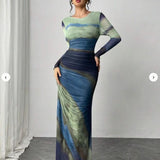 Torina - Udobna Printed Duga Rukava Bodycon Maxi Haljina