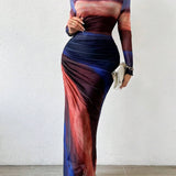 Torina - Udobna Printed Duga Rukava Bodycon Maxi Haljina