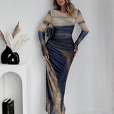 Torina - Udobna Printed Duga Rukava Bodycon Maxi Haljina