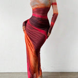 Torina - Udobna Printed Duga Rukava Bodycon Maxi Haljina